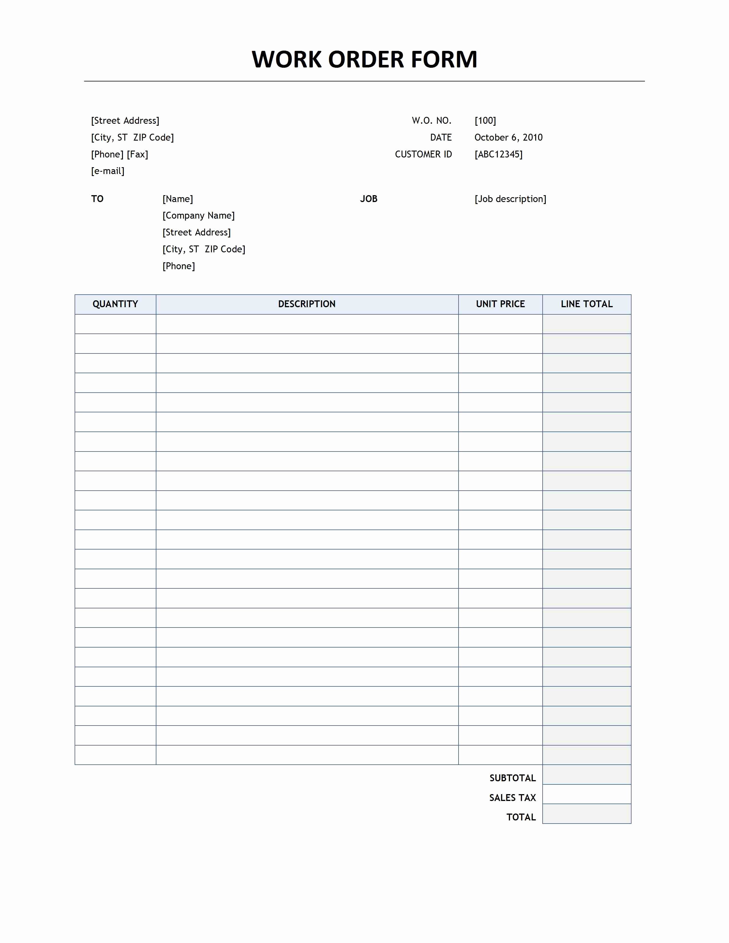 Work order form Template