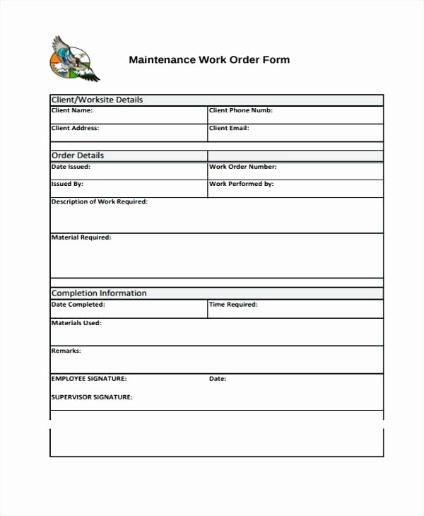 Work Request Template Excel Maintenance Work order