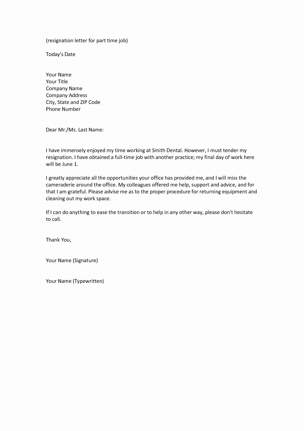 Work Resignation Letter Template