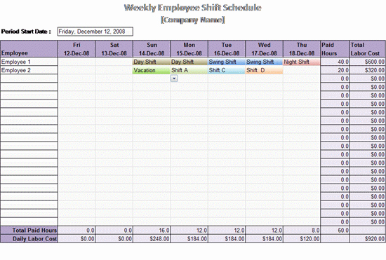 Work Schedule Template Weekly Employee Shift Schedule