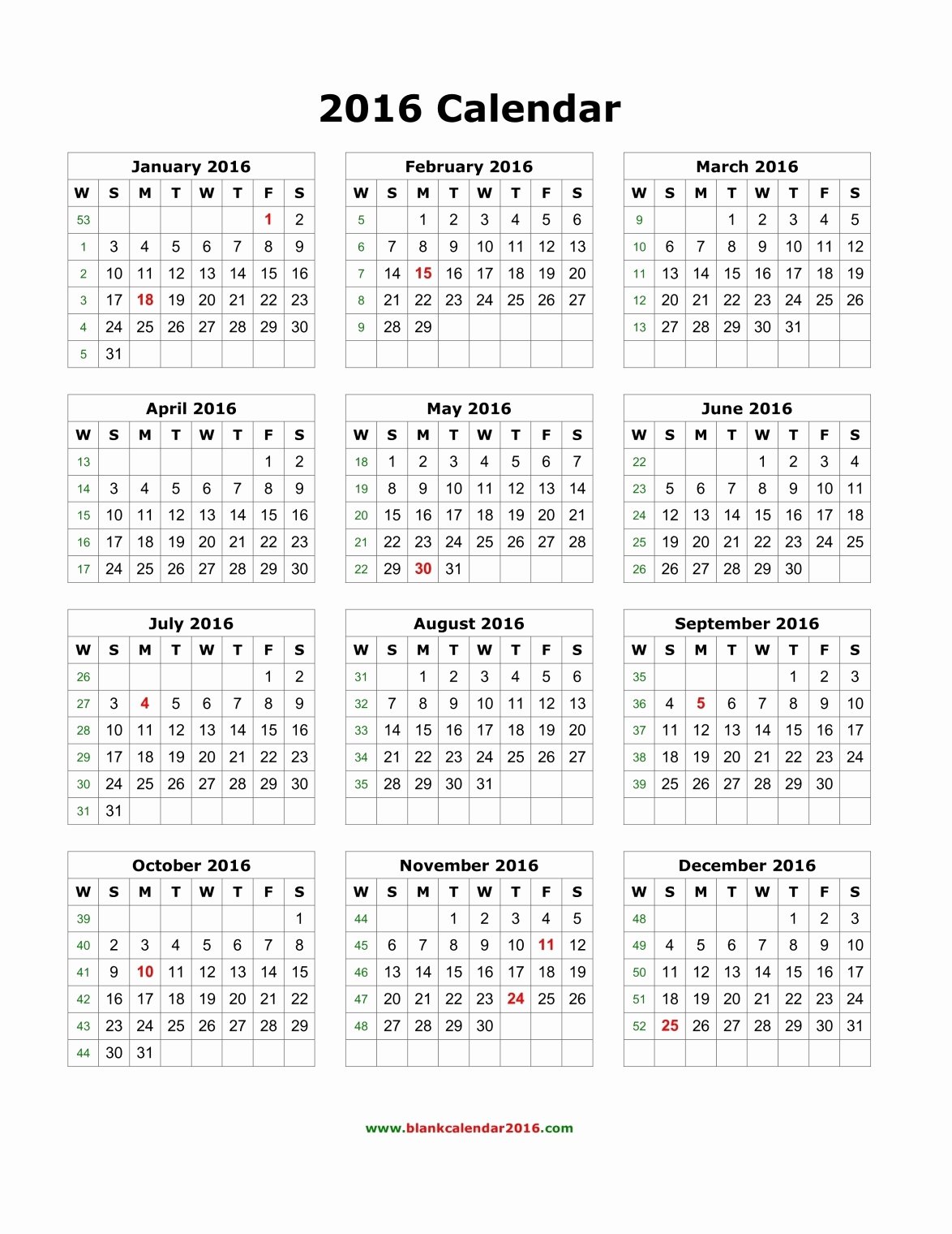 Yearly Calendar 2016 Template – Templates Free Printable