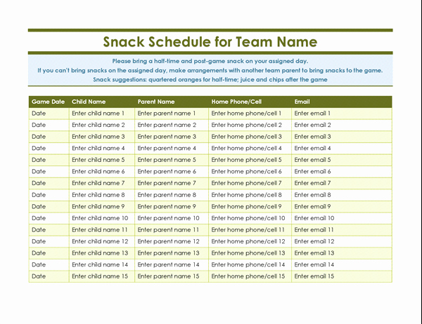 Youth Sports Snack Sign Up Sheet